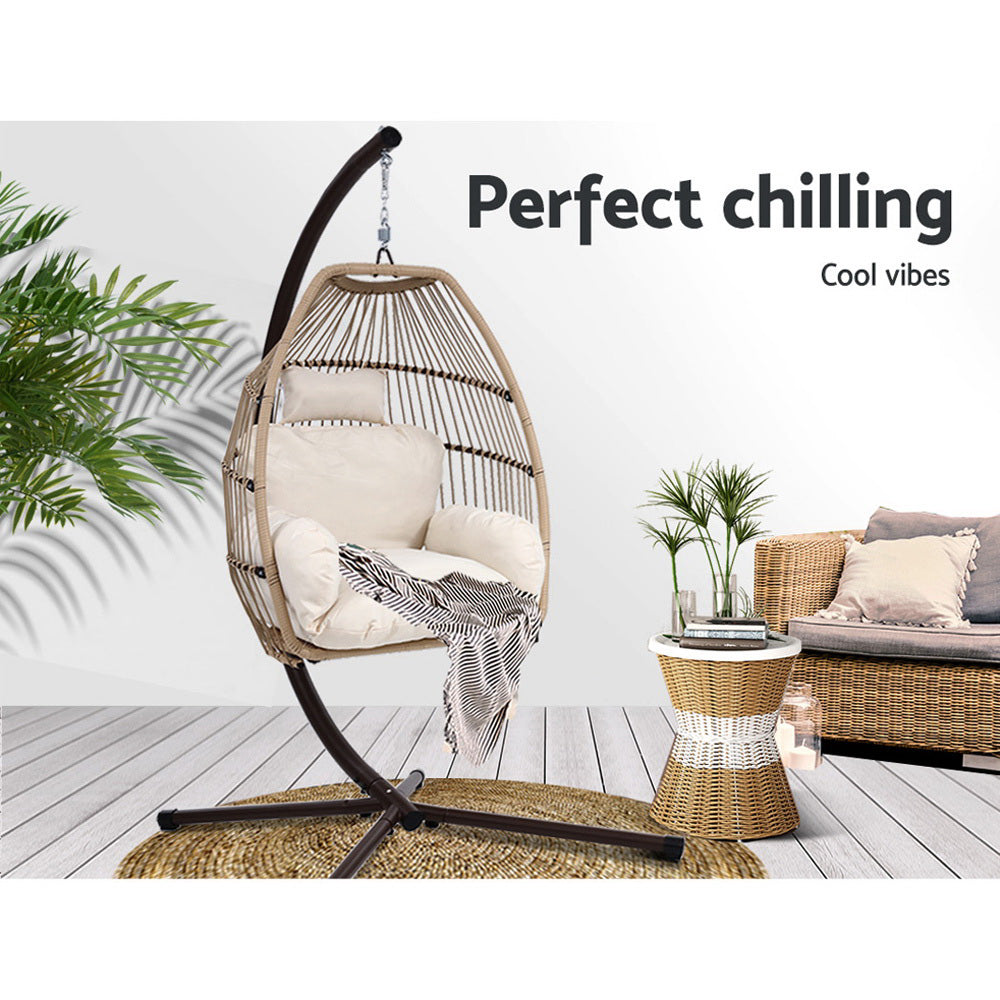 Gardeon Wicker Outdoor Furniture Egg Swing with Cushion & Pod Stand - Latte - Cosy Abode