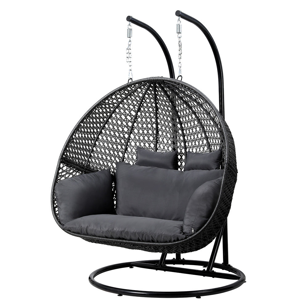 Gardeon Wicker Outdoor 2 Person Egg Swing Chair with Cushions & Pod - Grey - Cosy Abode