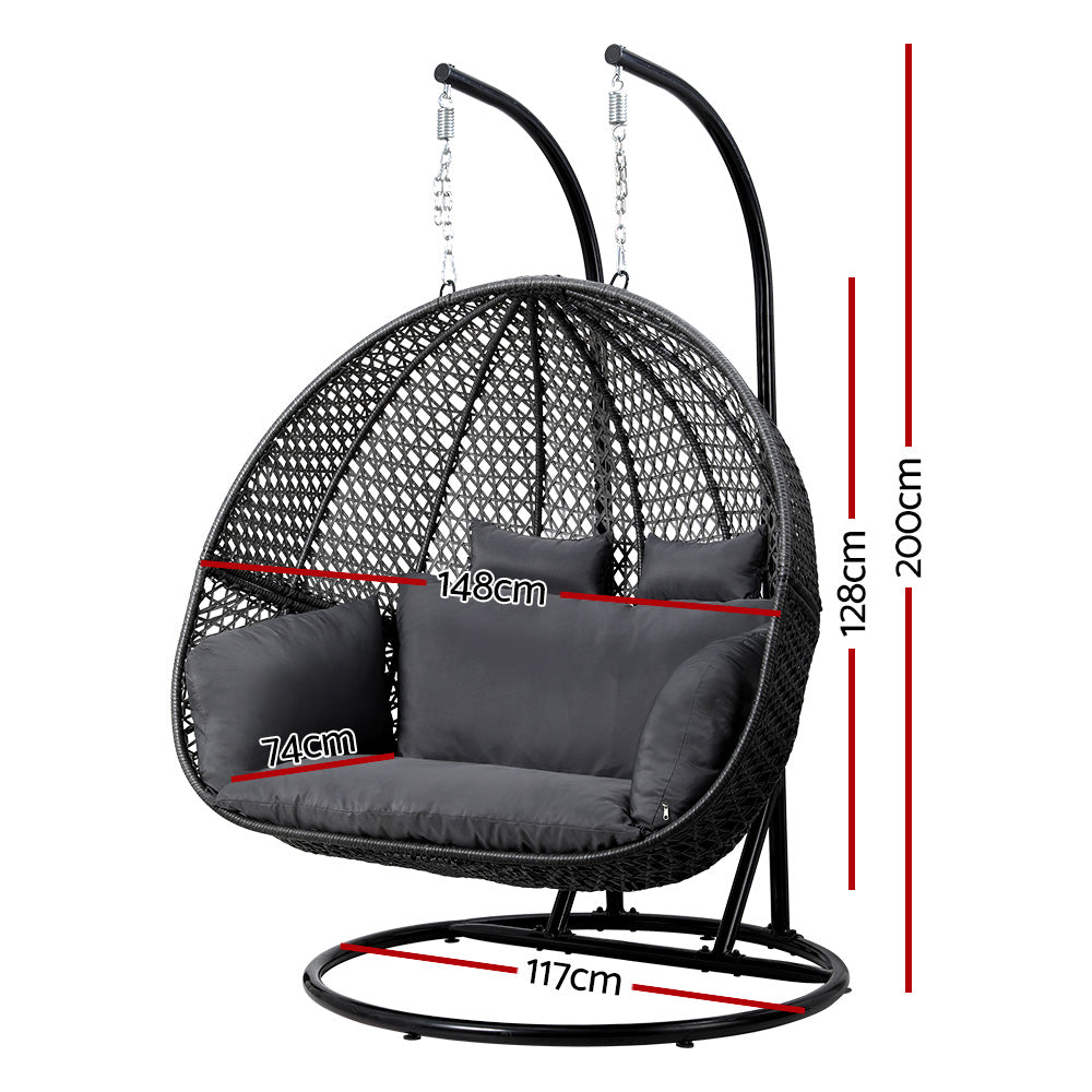 Gardeon Wicker Outdoor 2 Person Egg Swing Chair with Cushions & Pod - Grey - Cosy Abode