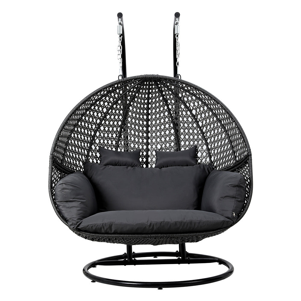 Gardeon Wicker Outdoor 2 Person Egg Swing Chair with Cushions & Pod - Grey - Cosy Abode
