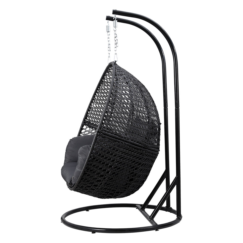 Gardeon Wicker Outdoor 2 Person Egg Swing Chair with Cushions & Pod - Grey - Cosy Abode