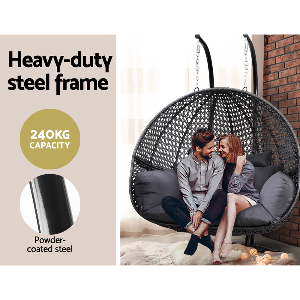 Gardeon Wicker Outdoor 2 Person Egg Swing Chair with Cushions & Pod - Grey - Cosy Abode
