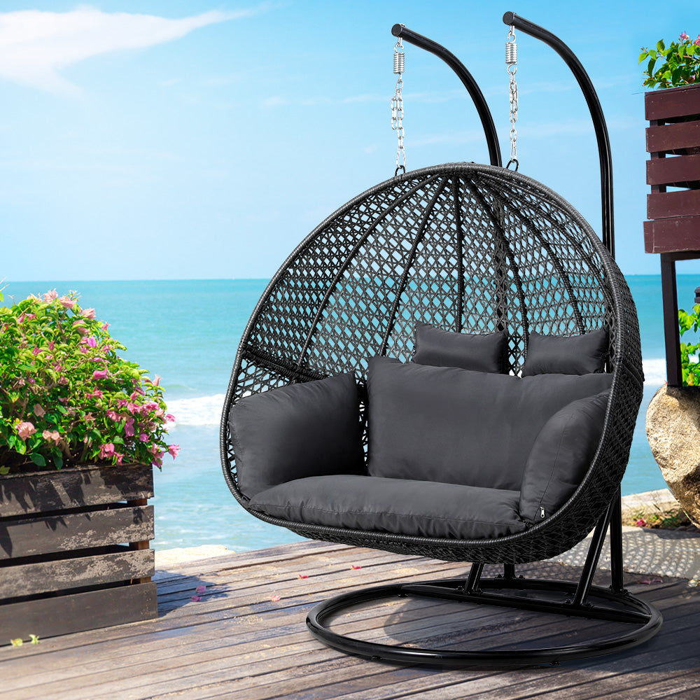 Gardeon Wicker Outdoor 2 Person Egg Swing Chair with Cushions & Pod - Grey - Cosy Abode