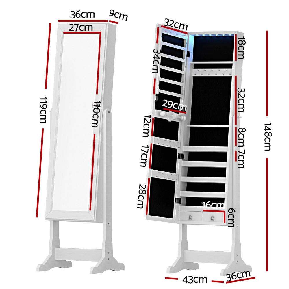 Artiss Jewellery Cabinet Mirror Free Standing with LED - White 100cm x 27cm - Cosy Abode