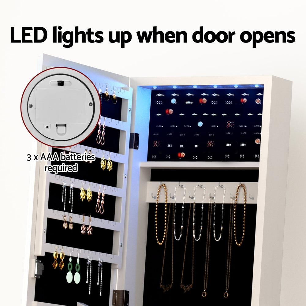 Artiss Jewellery Cabinet Mirror Free Standing with LED - White 100cm x 27cm - Cosy Abode