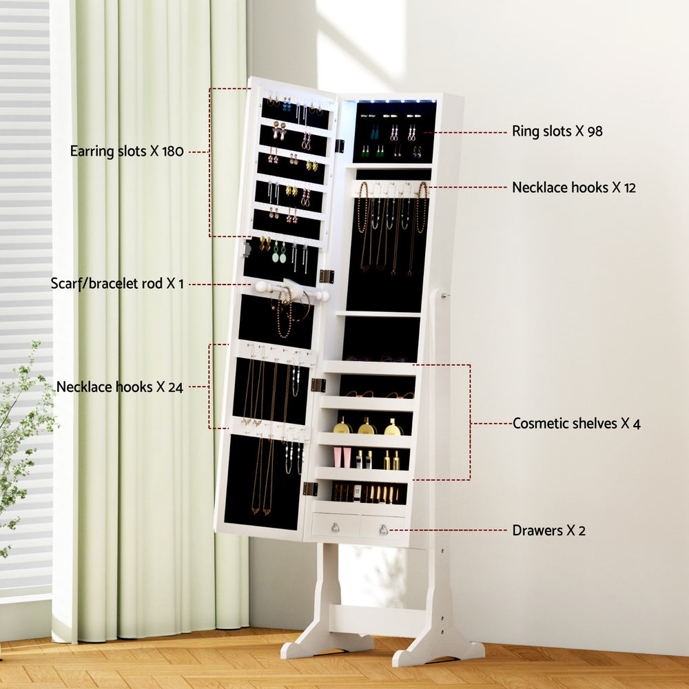 Artiss Jewellery Cabinet Mirror Free Standing with LED - White 100cm x 27cm - Cosy Abode