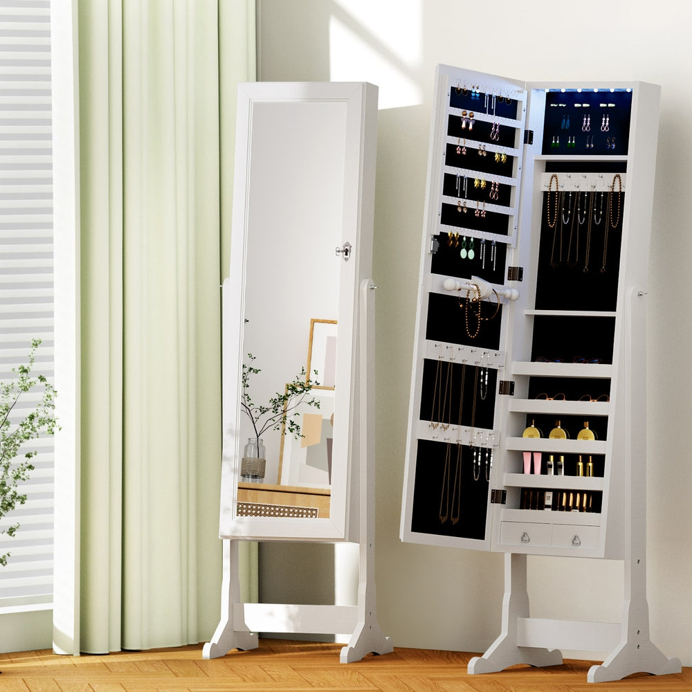 Artiss Jewellery Cabinet Mirror Free Standing with LED - White 100cm x 27cm - Cosy Abode