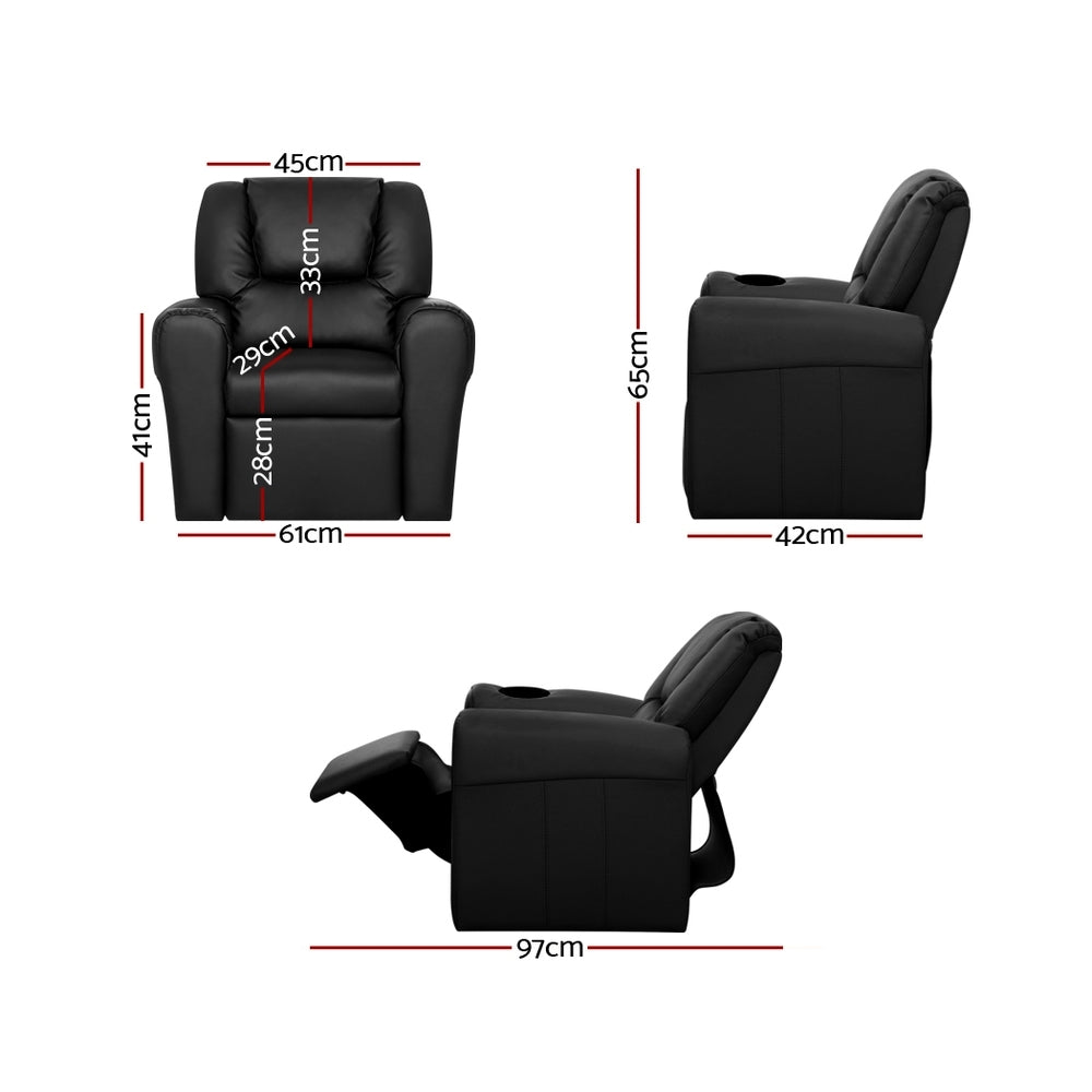 Keezi Kids Recliner Chair PU Leather Sofa Lounge Couch Children Armchair Black - Cosy Abode