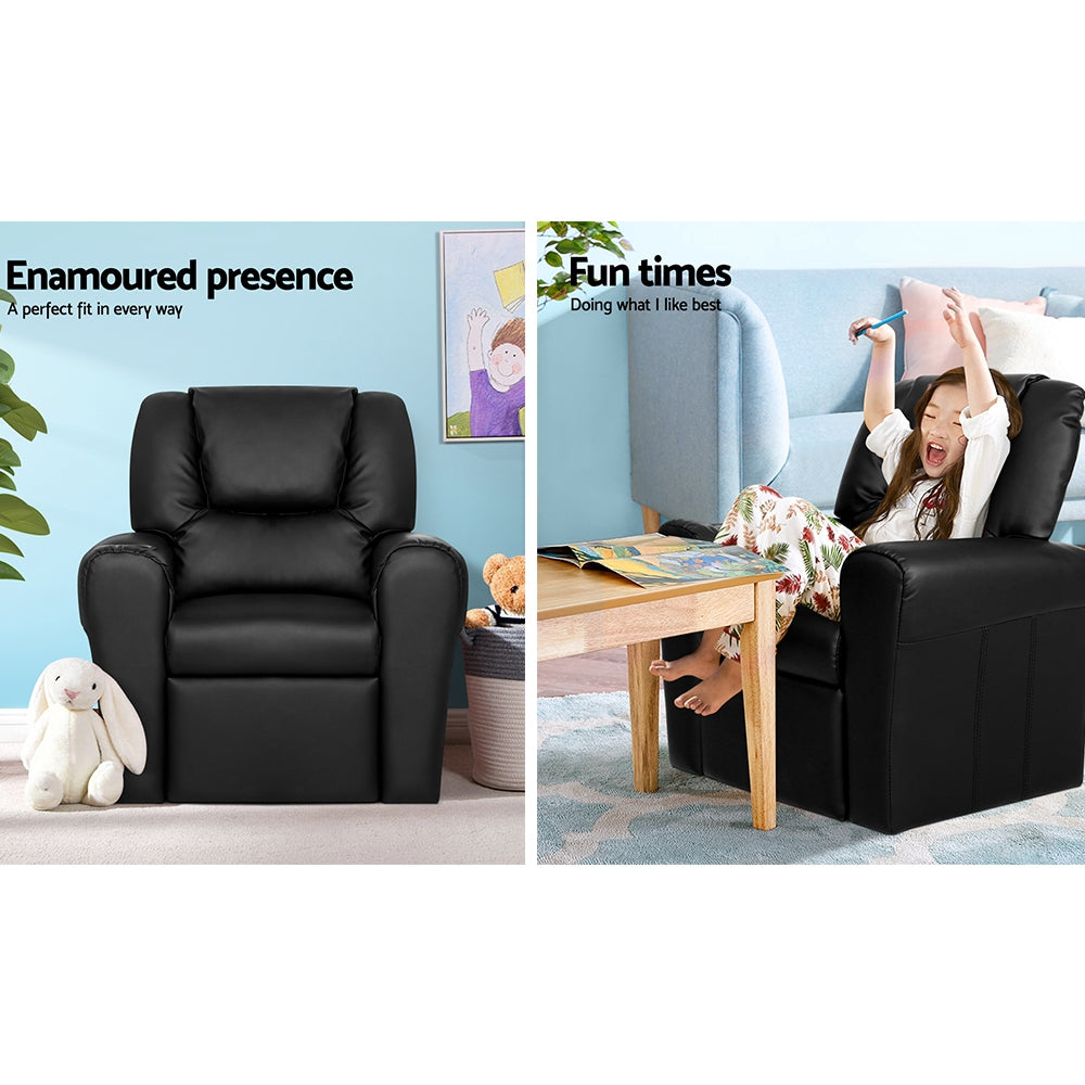 Keezi Kids Recliner Chair PU Leather Sofa Lounge Couch Children Armchair Black - Cosy Abode
