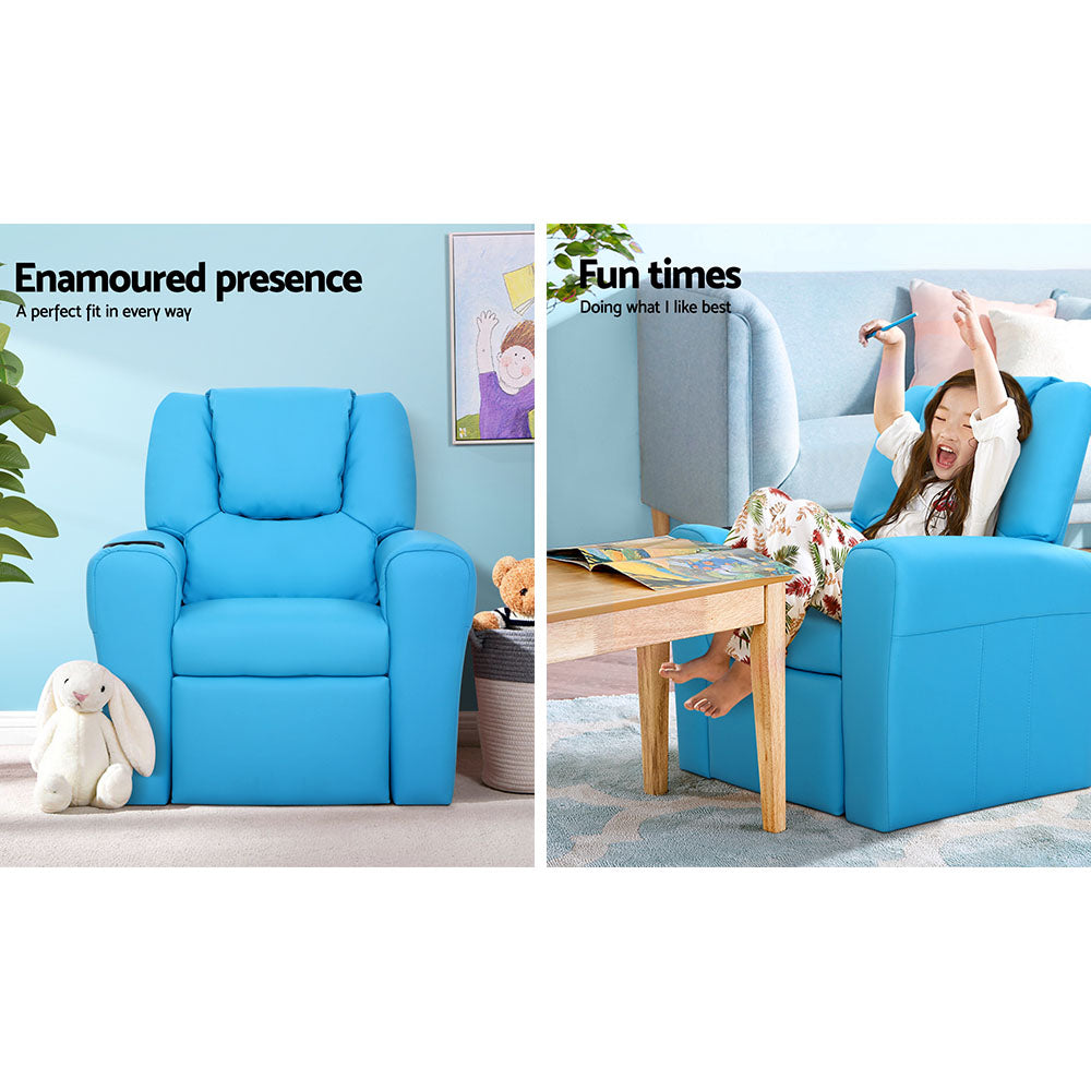 Keezi Kids Recliner Chair PU Leather Sofa Lounge Couch Children Armchair Blue - Cosy Abode