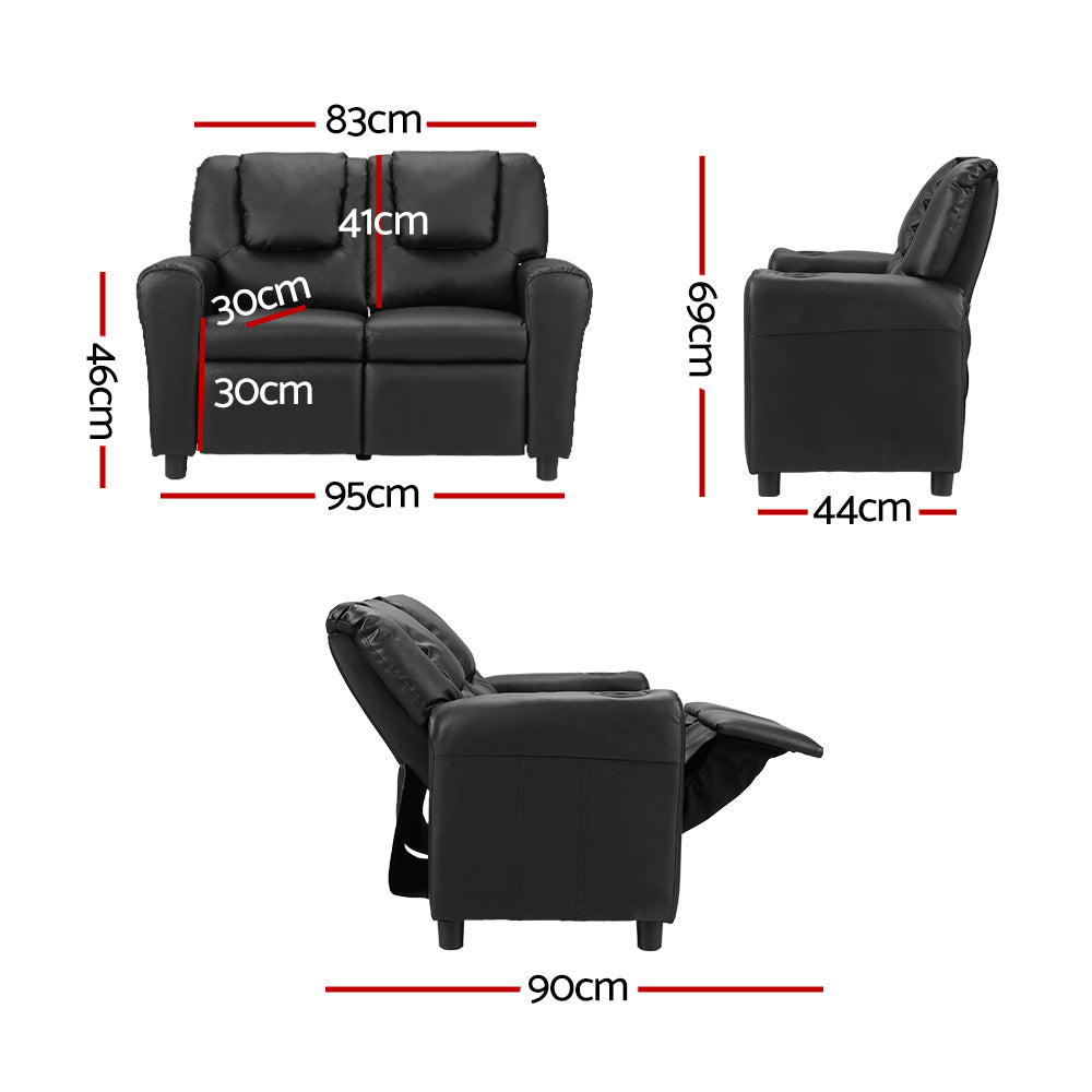 Keezi Kids Recliner Chair Double PU Leather Sofa Lounge Couch Armchair Black - Cosy Abode