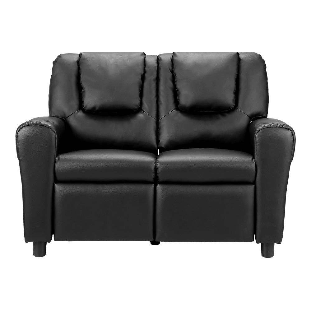 Keezi Kids Recliner Chair Double PU Leather Sofa Lounge Couch Armchair Black - Cosy Abode