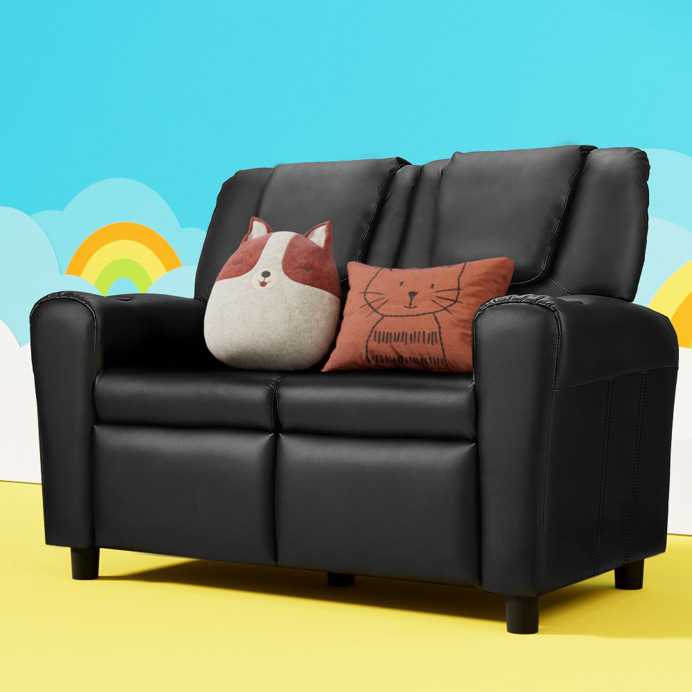 Keezi Kids Recliner Chair Double PU Leather Sofa Lounge Couch Armchair Black - Cosy Abode