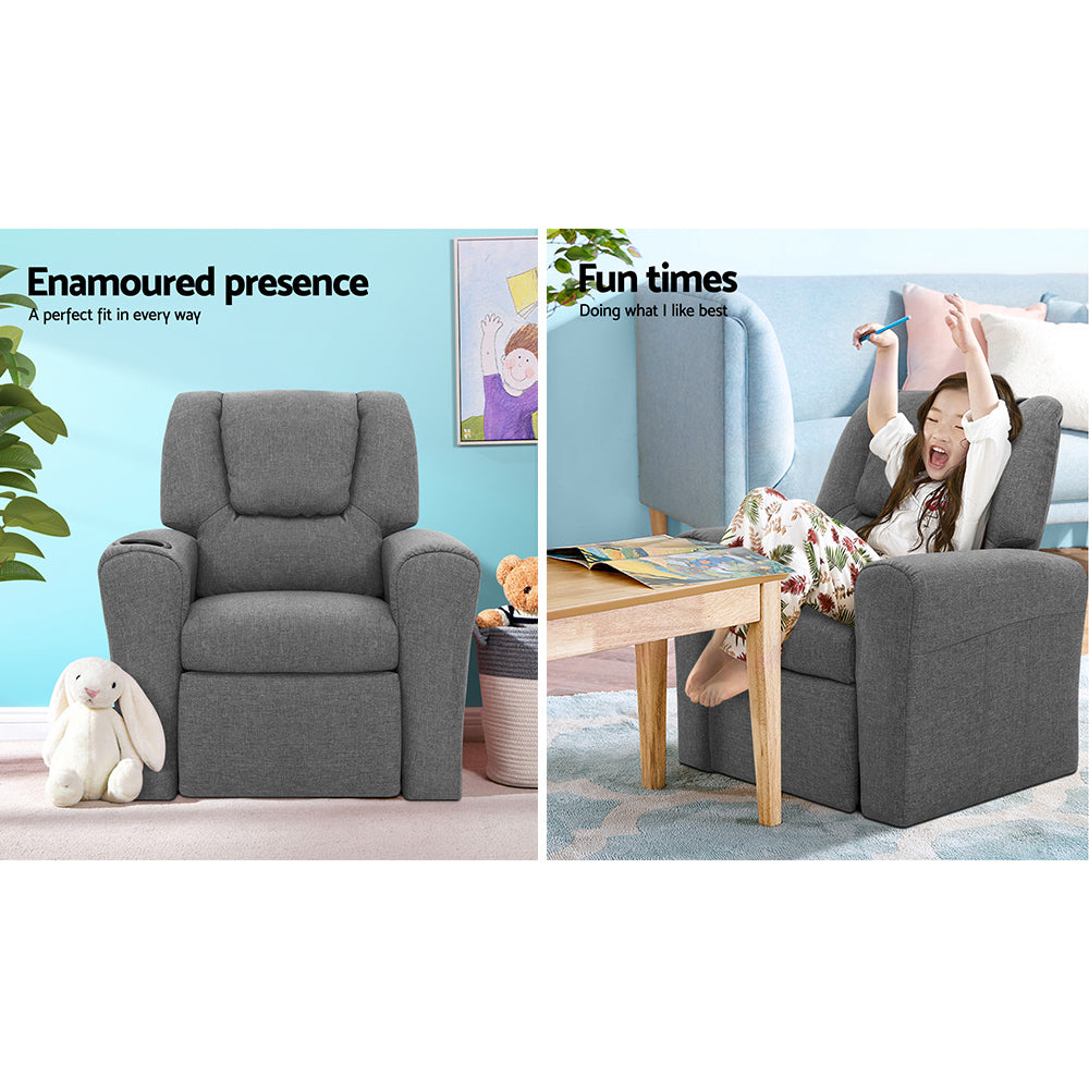 Keezi Kids Recliner Chair Linen Soft Sofa Lounge Couch Children Armchair Grey - Cosy Abode