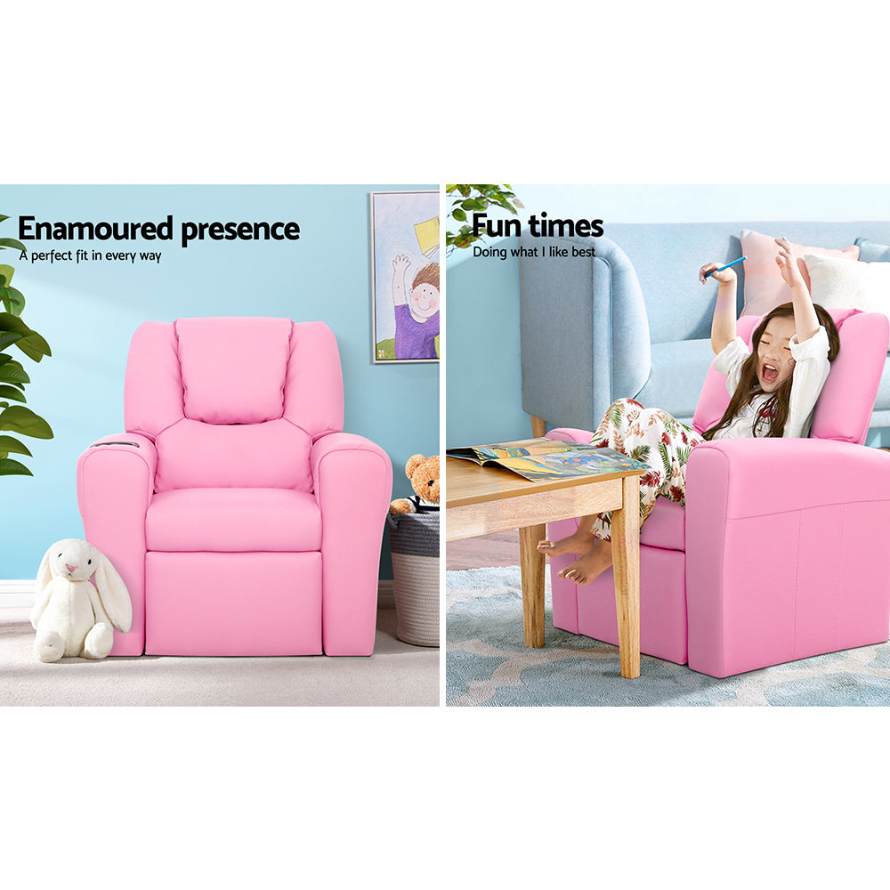 Keezi Kids Recliner Chair PU Leather Sofa Lounge Couch Children Armchair Pink - Cosy Abode