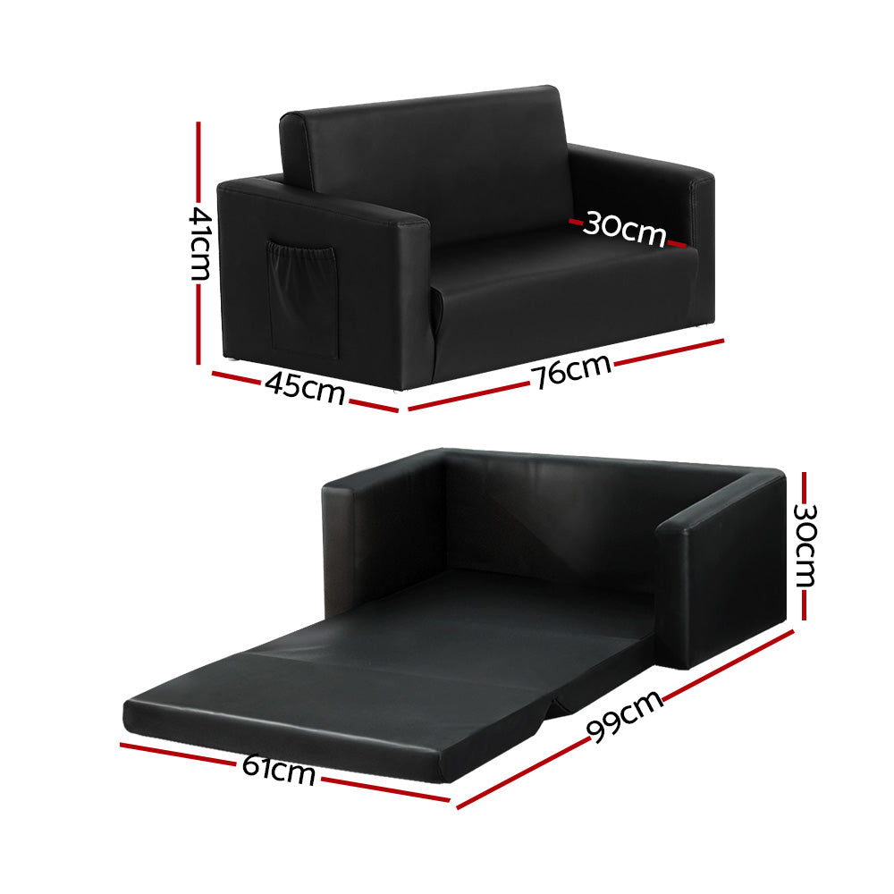 Keezi Kids Sofa 2 Seater Children Flip Open Couch PU Leather Armchair Black - Cosy Abode