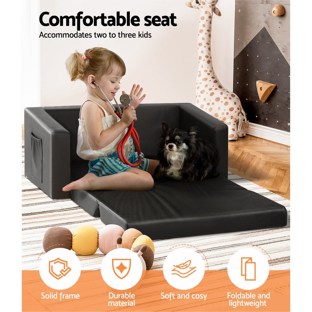 Keezi Kids Sofa 2 Seater Children Flip Open Couch PU Leather Armchair Black - Cosy Abode