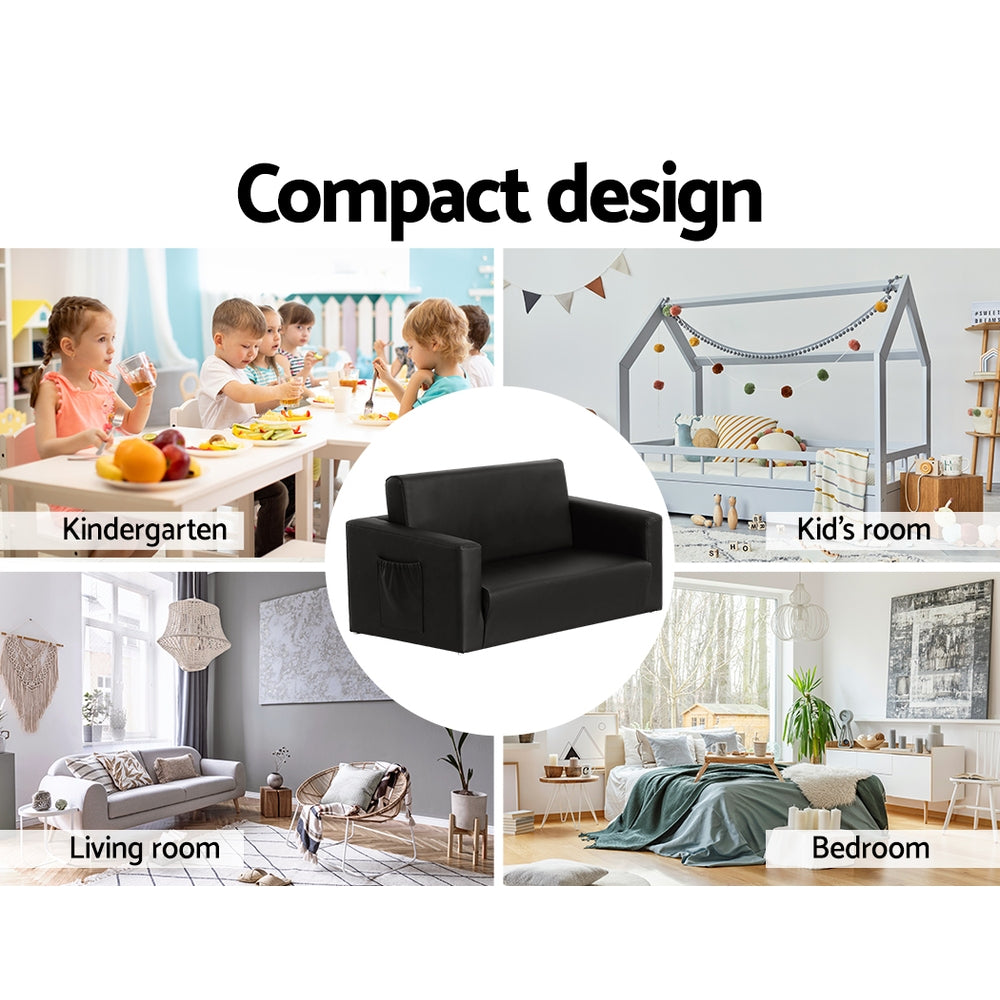 Keezi Kids Sofa 2 Seater Children Flip Open Couch PU Leather Armchair Black - Cosy Abode