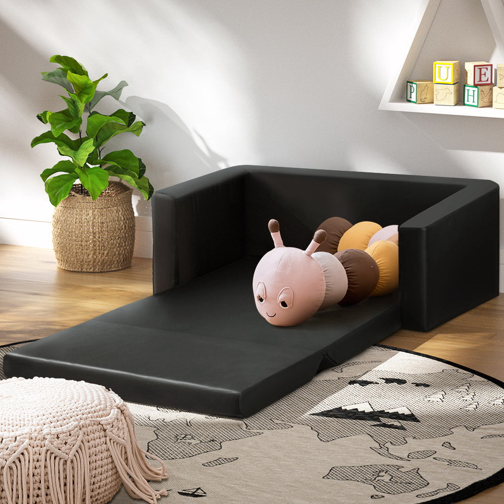 Keezi Kids Sofa 2 Seater Children Flip Open Couch PU Leather Armchair Black - Cosy Abode
