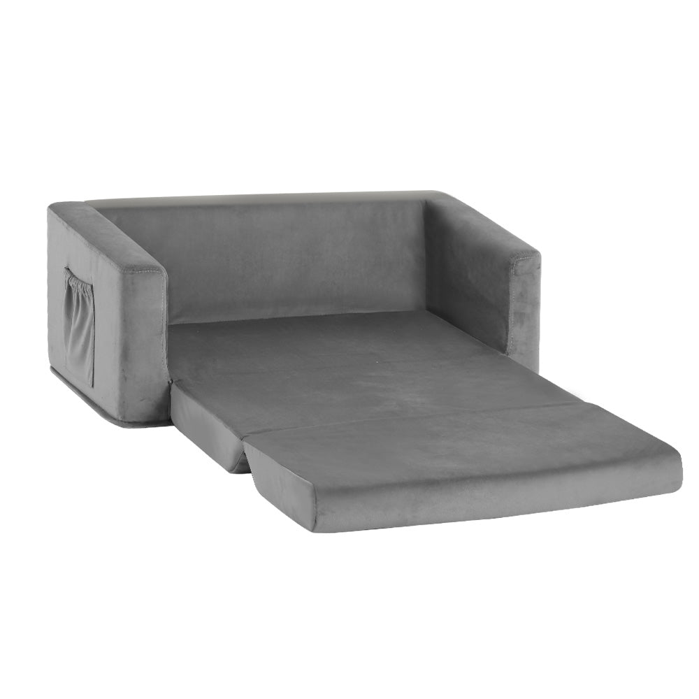 Keezi Kids Sofa 2 Seater Children Flip Open Couch Velvet Armchair Grey - Cosy Abode