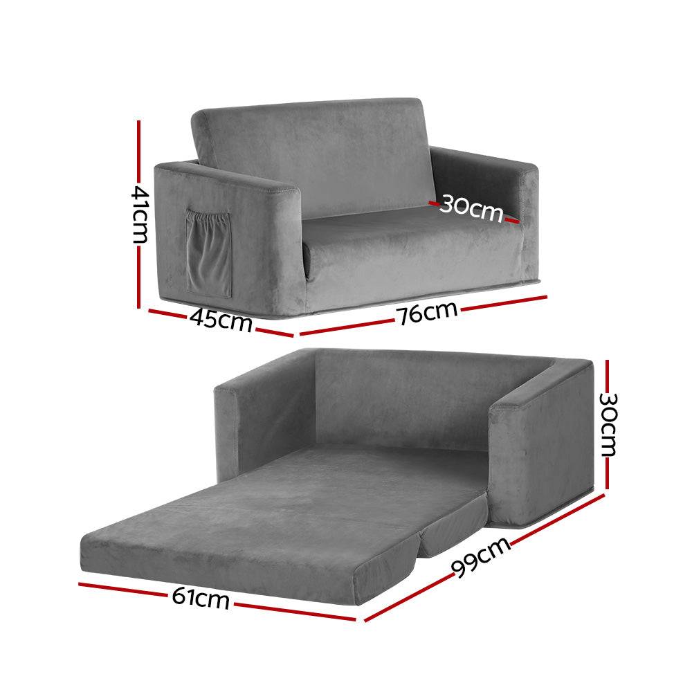 Keezi Kids Sofa 2 Seater Children Flip Open Couch Velvet Armchair Grey - Cosy Abode