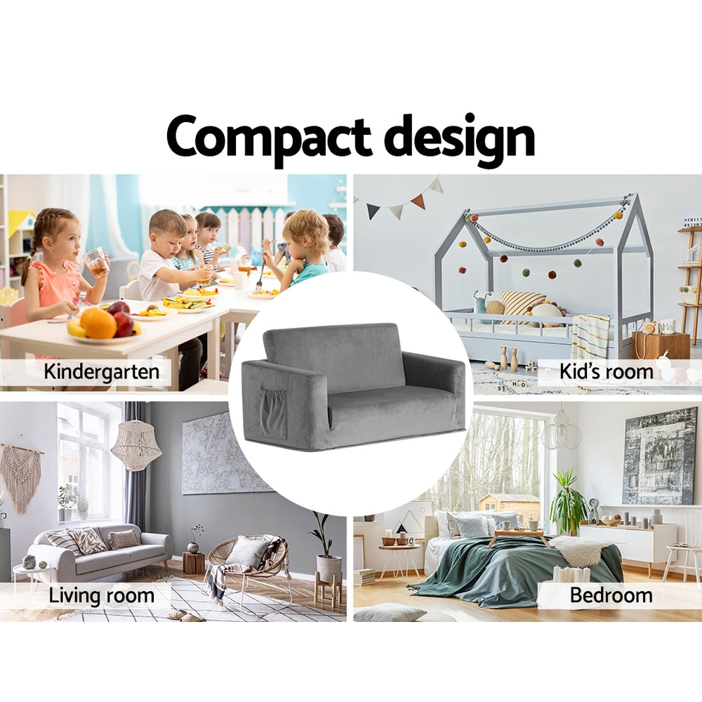 Keezi Kids Sofa 2 Seater Children Flip Open Couch Velvet Armchair Grey - Cosy Abode