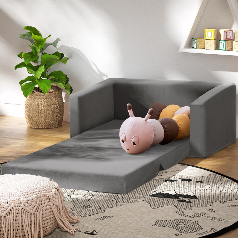 Keezi Kids Sofa 2 Seater Children Flip Open Couch Velvet Armchair Grey - Cosy Abode