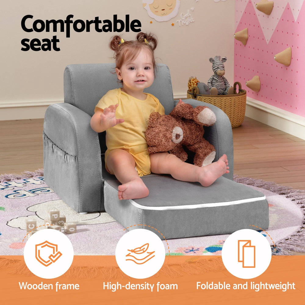 Keezi Kids Sofa 2 Seater Children Flip Open Couch Lounger Armchair Soft Grey - Cosy Abode