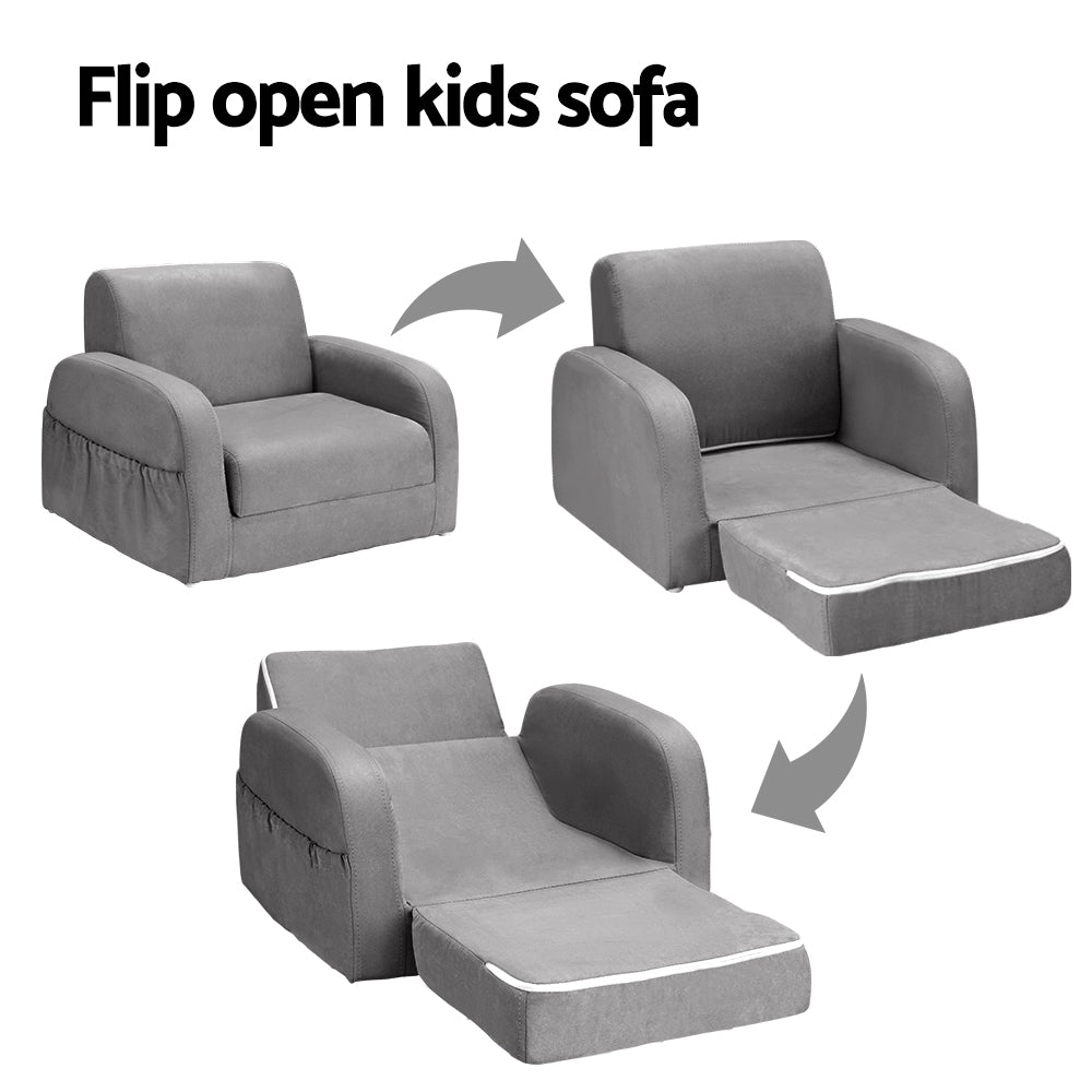Keezi Kids Sofa 2 Seater Children Flip Open Couch Lounger Armchair Soft Grey - Cosy Abode