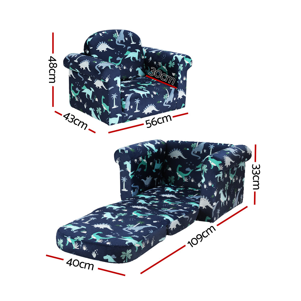 Keezi Kids Sofa 2 Seater Children Flip Open Couch Lounger Armchair Dinosaur Navy - Cosy Abode