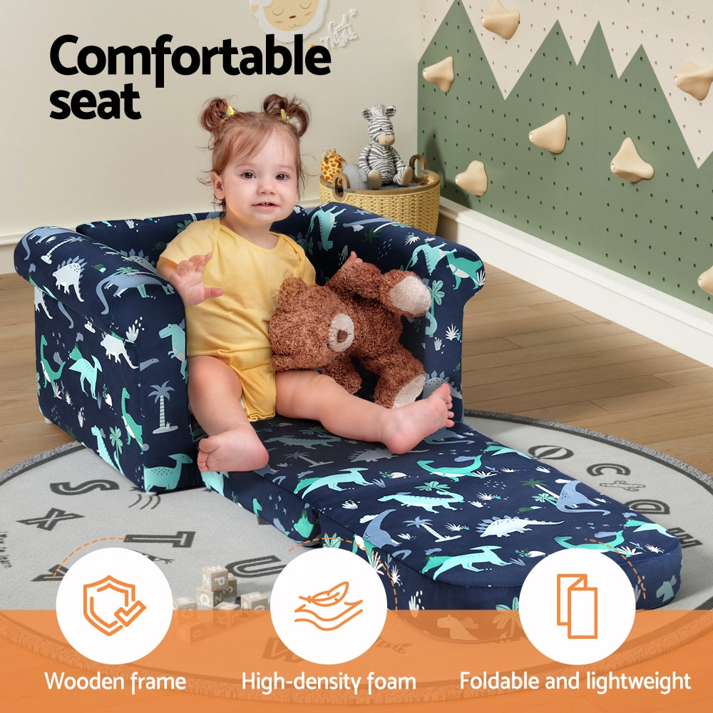 Keezi Kids Sofa 2 Seater Children Flip Open Couch Lounger Armchair Dinosaur Navy - Cosy Abode
