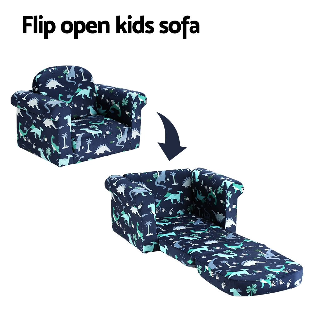 Keezi Kids Sofa 2 Seater Children Flip Open Couch Lounger Armchair Dinosaur Navy - Cosy Abode
