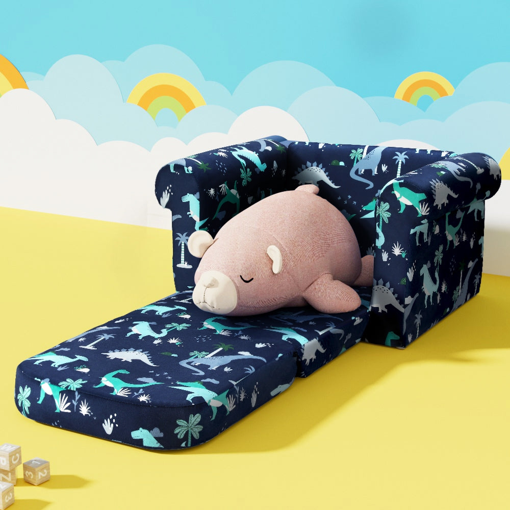 Keezi Kids Sofa 2 Seater Children Flip Open Couch Lounger Armchair Dinosaur Navy - Cosy Abode
