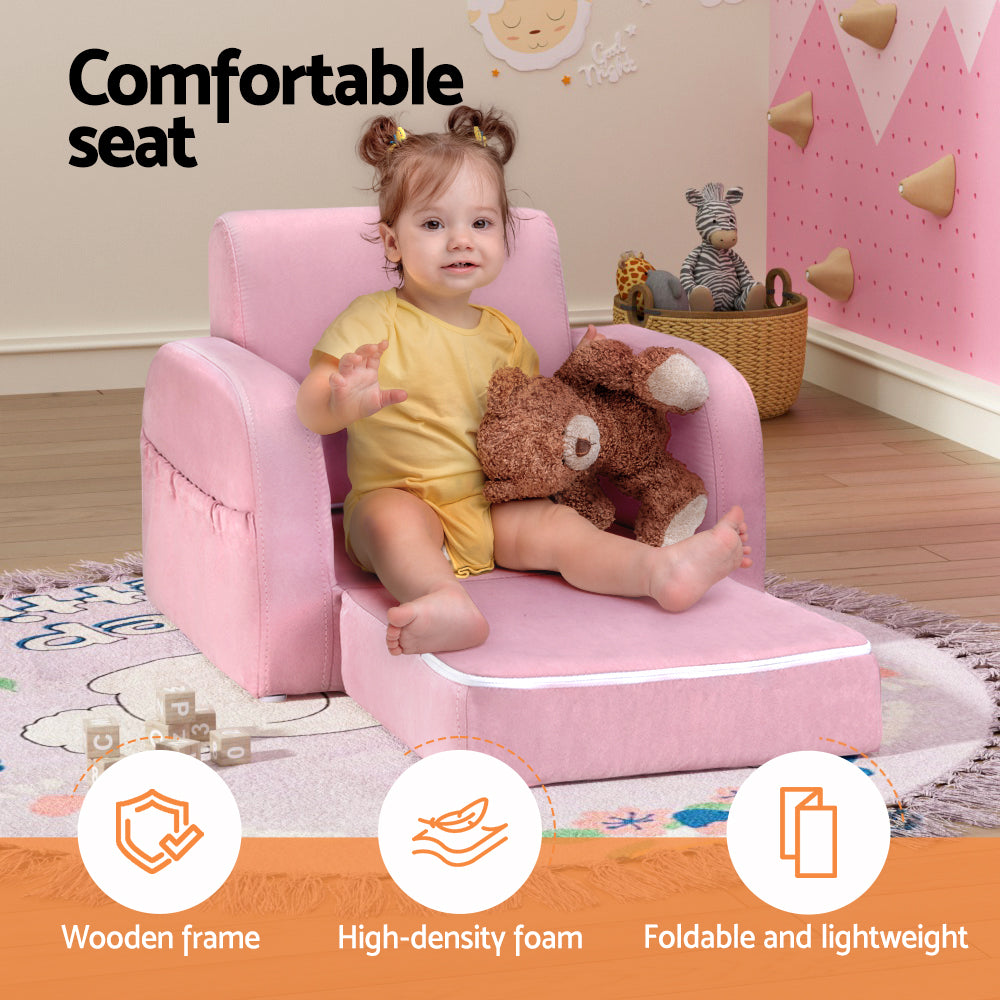 Keezi Kids Sofa 2 Seater Children Flip Open Couch Lounger Armchair Soft Pink - Cosy Abode
