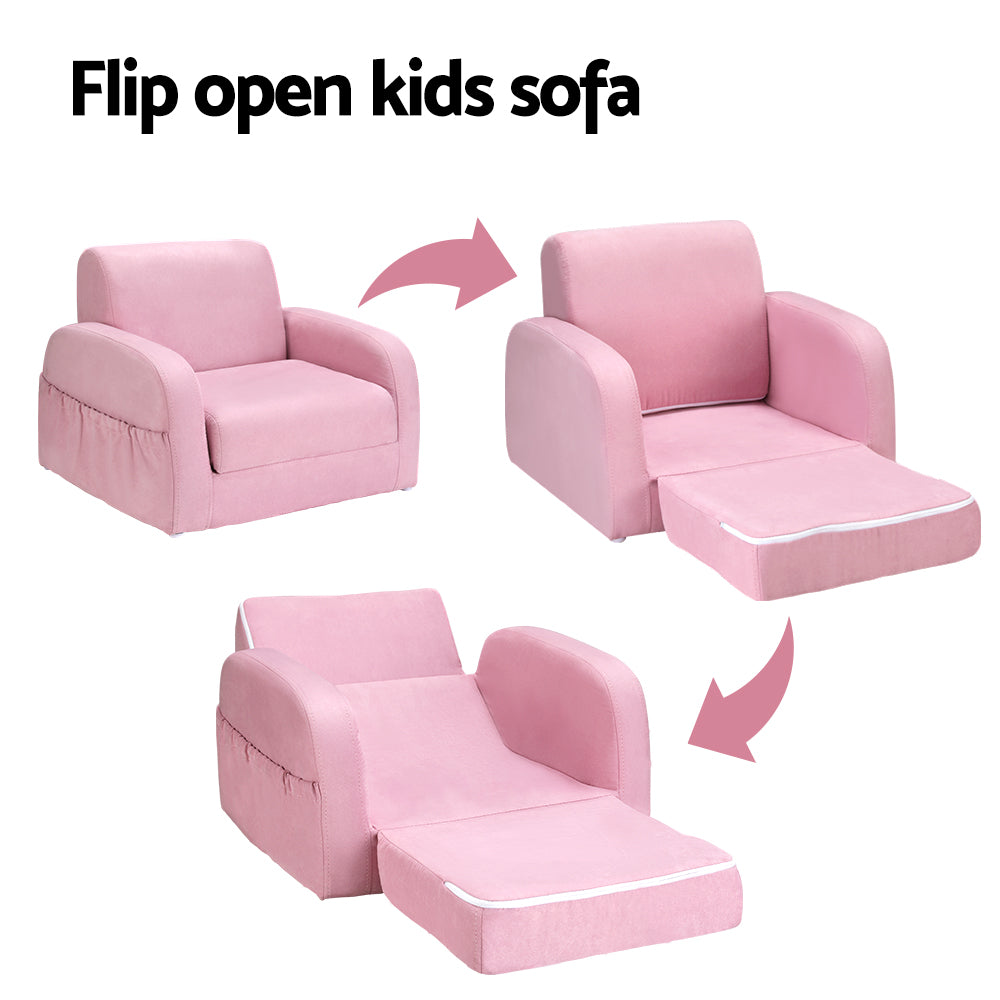 Keezi Kids Sofa 2 Seater Children Flip Open Couch Lounger Armchair Soft Pink - Cosy Abode
