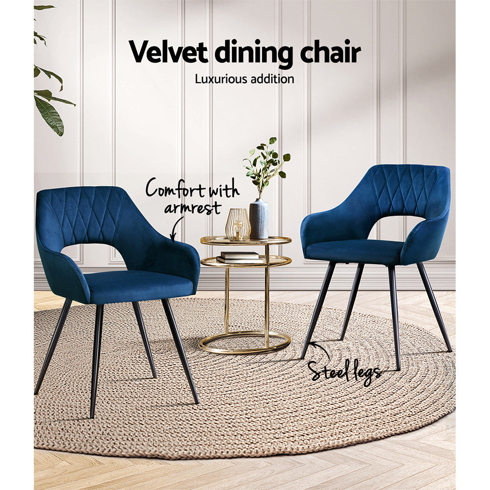 Artiss Dining Chairs Set of 2 Velvet Hollow Armchair Blue - Cosy Abode