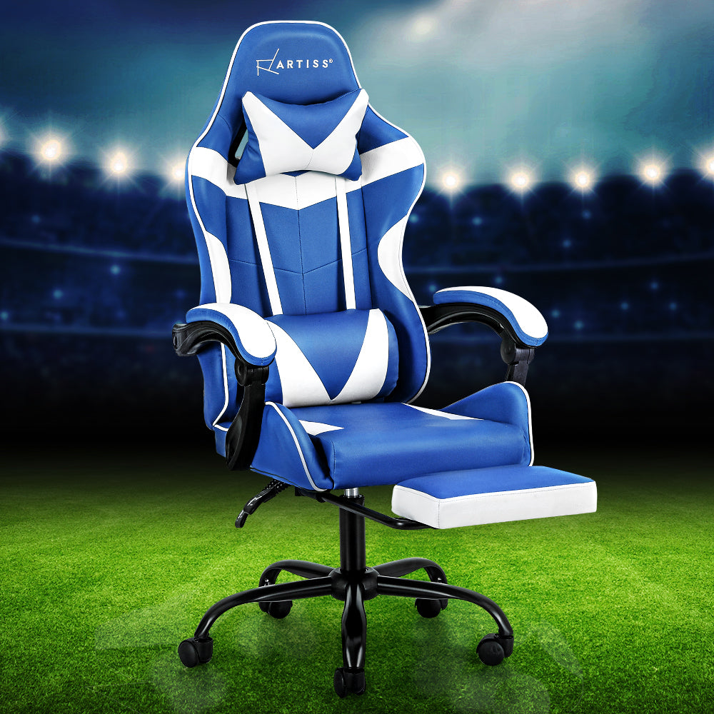 Artiss Gaming Office Chair Executive Computer Leather Chairs Footrest Blue White - Cosy Abode