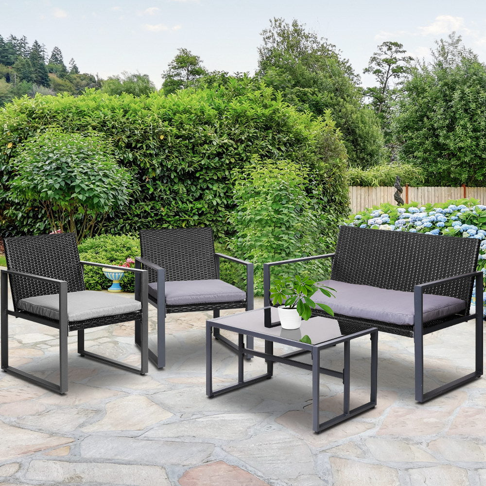 Gardeon 4 PCS Outdoor Rattan Furniture Setting with Glass Top Table - Black - Cosy Abode
