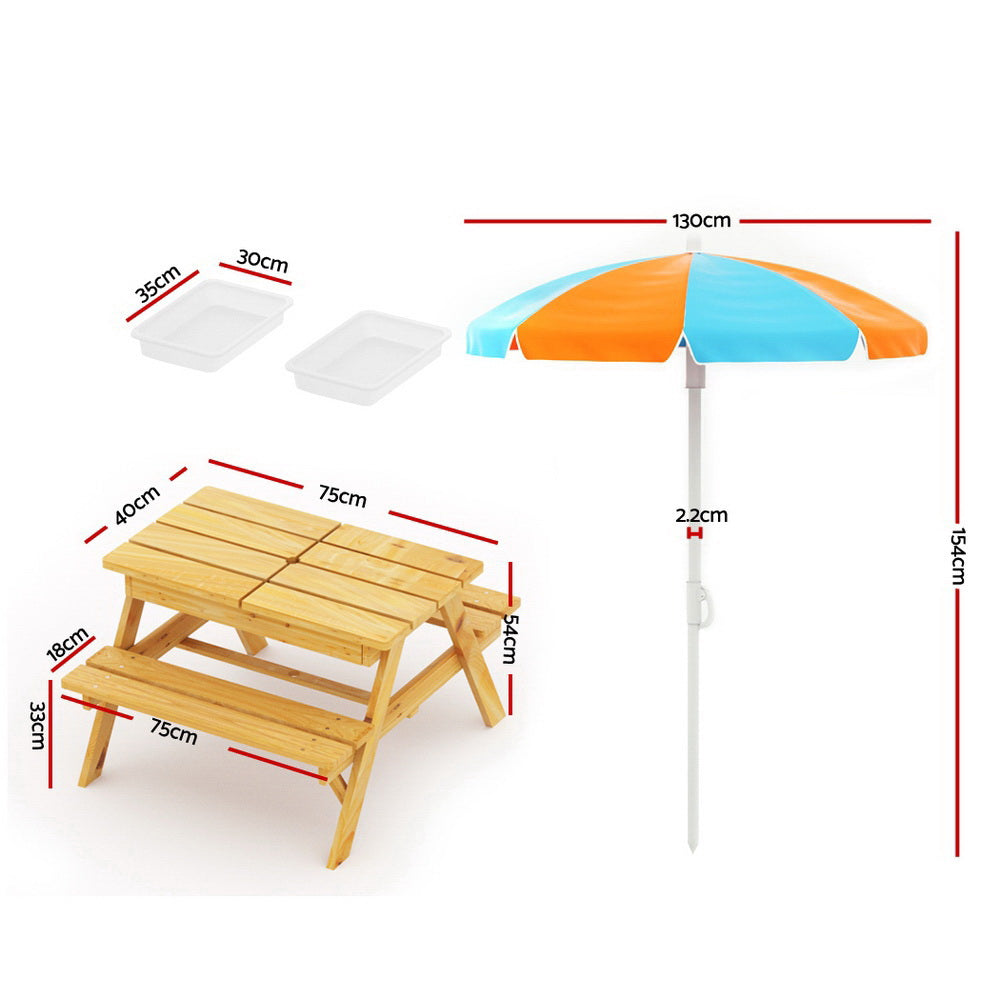 Keezi Kids Outdoor Table and Chairs Picnic Bench Umbrella Set Water Sand Pit Box - Cosy Abode