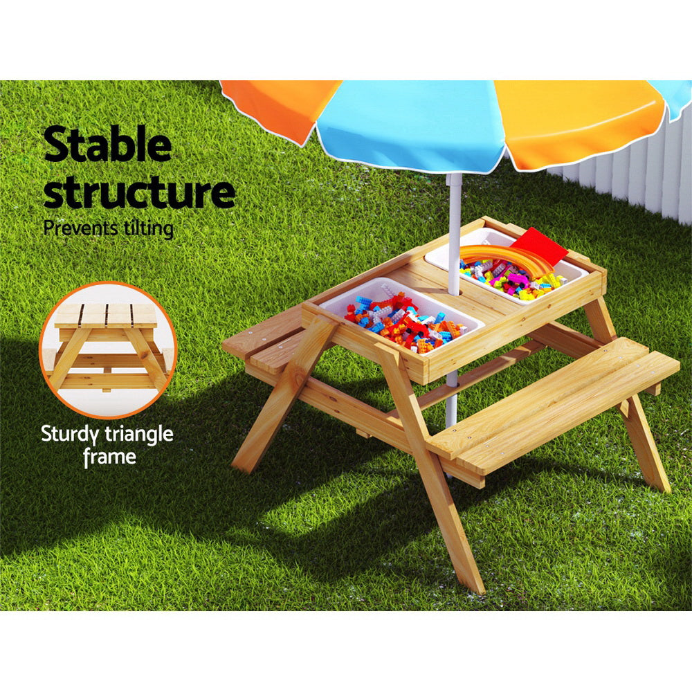 Keezi Kids Outdoor Table and Chairs Picnic Bench Umbrella Set Water Sand Pit Box - Cosy Abode