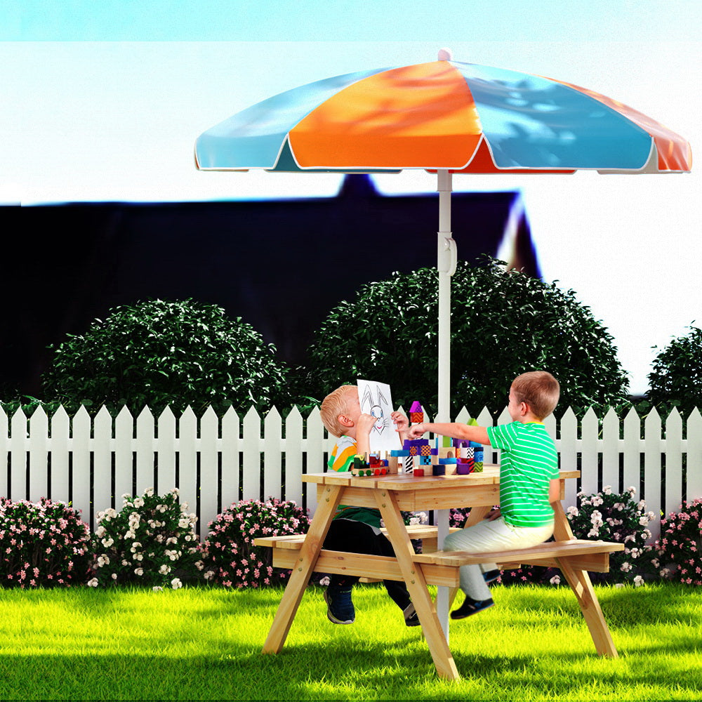 Keezi Kids Outdoor Table and Chairs Picnic Bench Umbrella Set Water Sand Pit Box - Cosy Abode