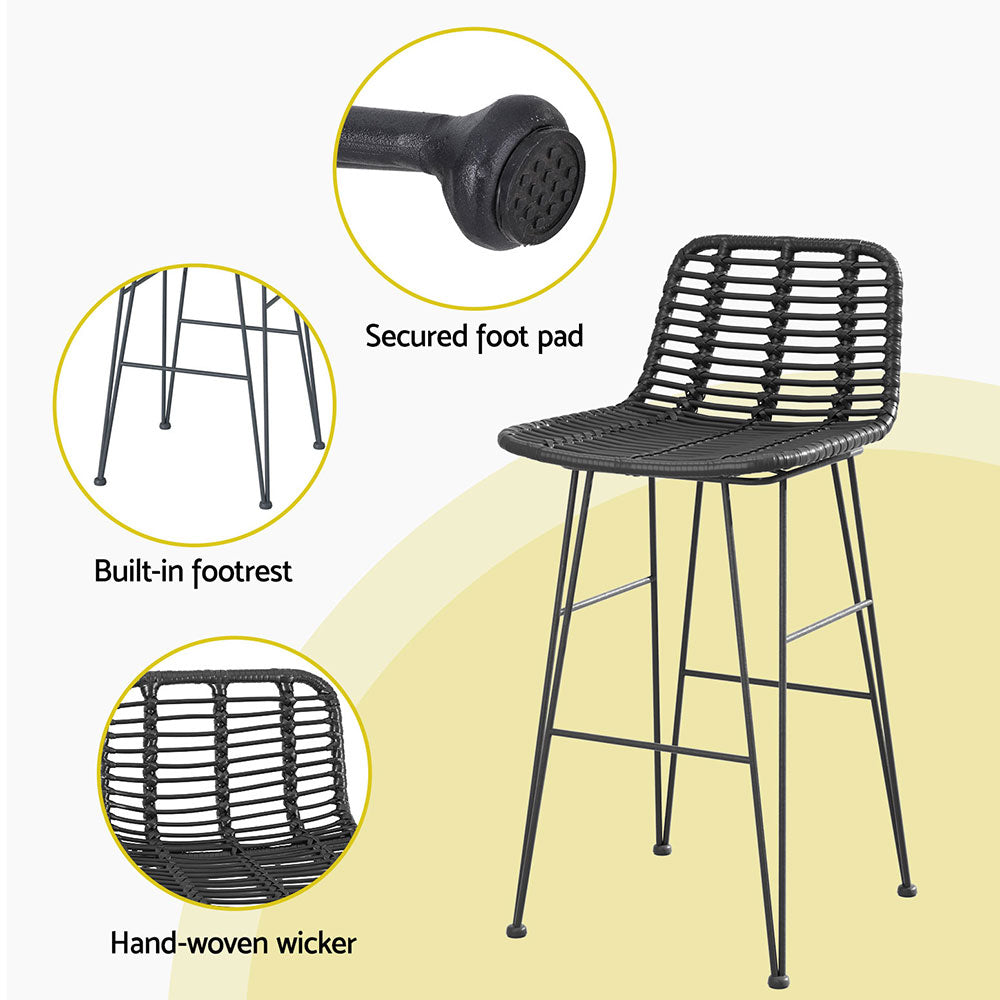 Gardeon 2 Piece Outdoor Bar Stools Wicker Dining Rattan Chair Black - Cosy Abode