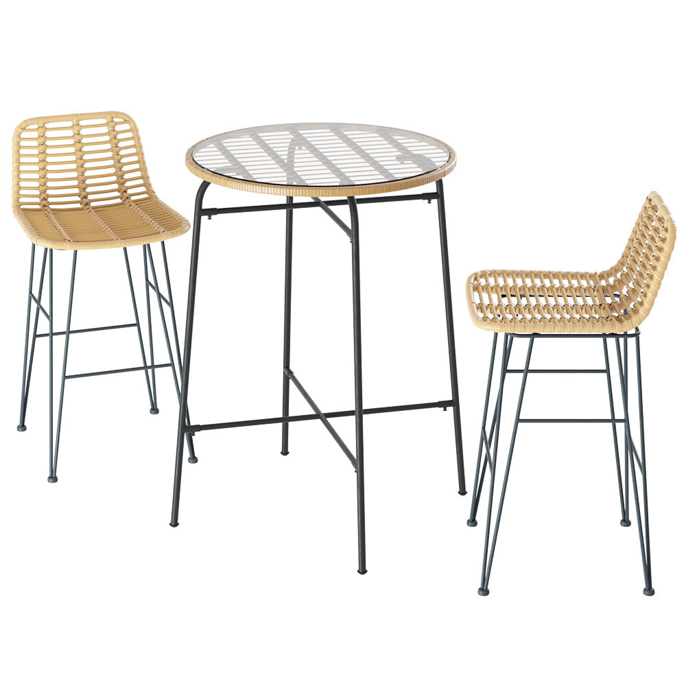 Gardeon 3-Piece Outdoor Bar Set Wicker Table Chairs Patio Bistro - Cosy Abode