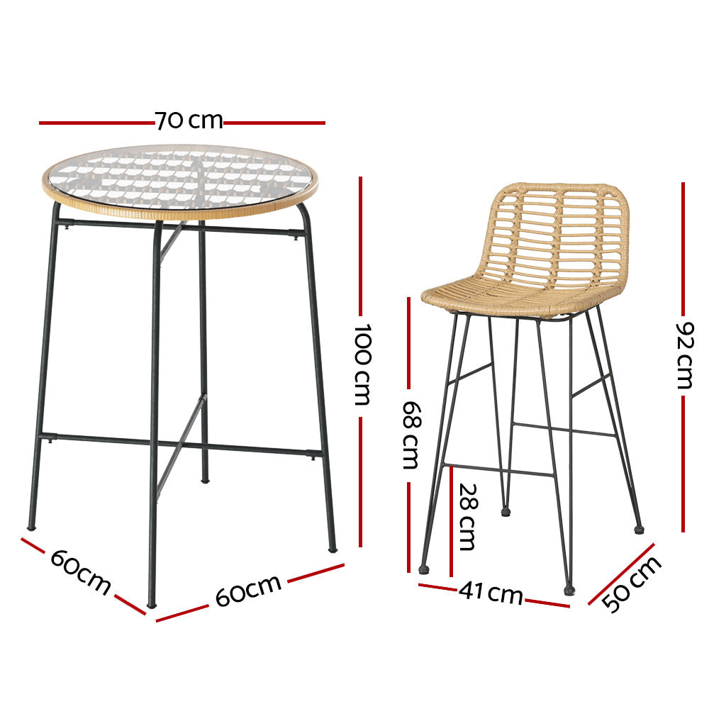 Gardeon 3-Piece Outdoor Bar Set Wicker Table Chairs Patio Bistro - Cosy Abode