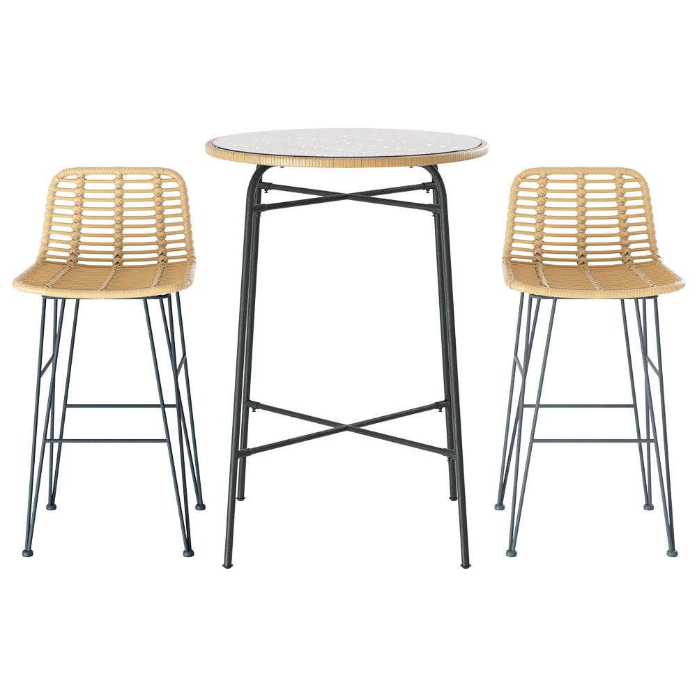Gardeon 3-Piece Outdoor Bar Set Wicker Table Chairs Patio Bistro - Cosy Abode