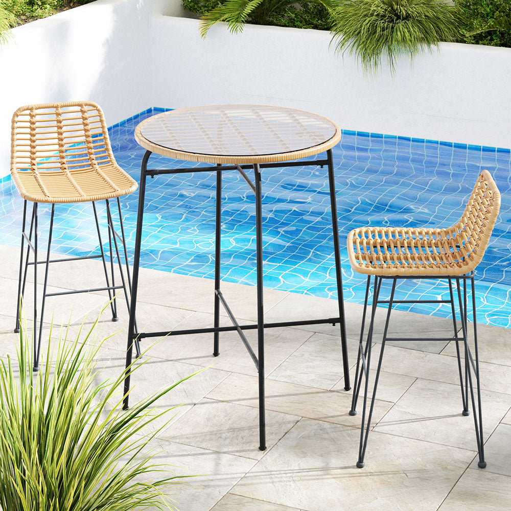 Gardeon 3-Piece Outdoor Bar Set Wicker Table Chairs Patio Bistro - Cosy Abode