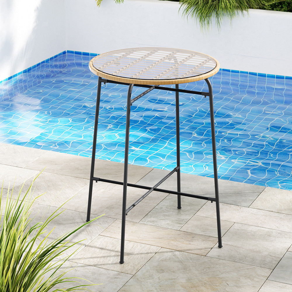Gardeon Outdoor Bar Table Wicker Dining Bistro Patio Balcony Glass Table Steel - Cosy Abode