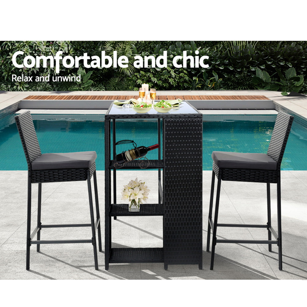 Gardeon 3-Piece Outdoor Bar Set Patio Dining Chairs Wicker Table Stools - Cosy Abode