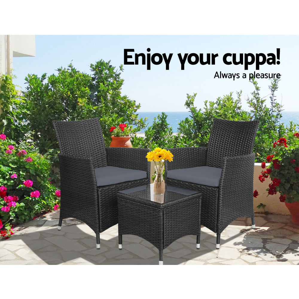 Gardeon 3PC Outdoor Bistro Set Patio Furniture Wicker Setting Chairs Table Cushion Black - Cosy Abode