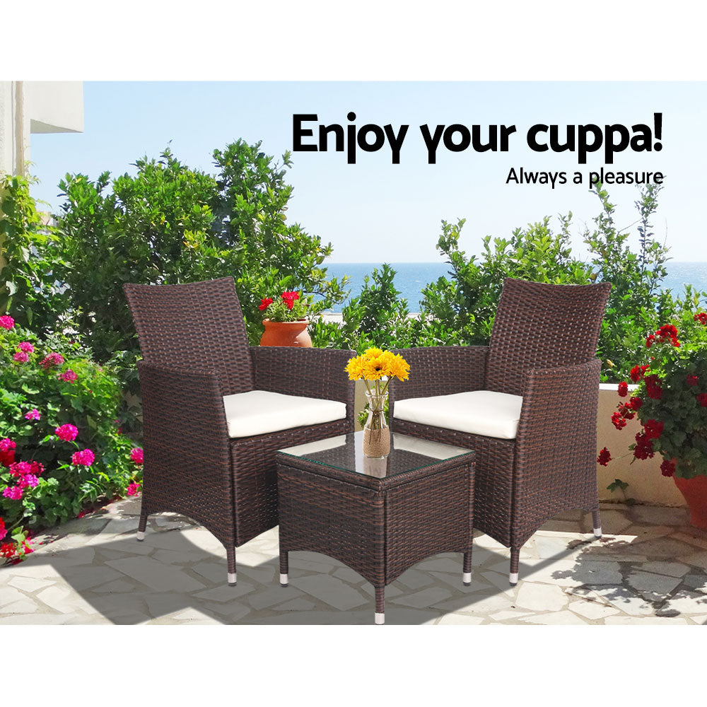 Gardeon 3PC Outdoor Bistro Set Patio Furniture Wicker Setting Chairs Table Cushion Brown - Cosy Abode